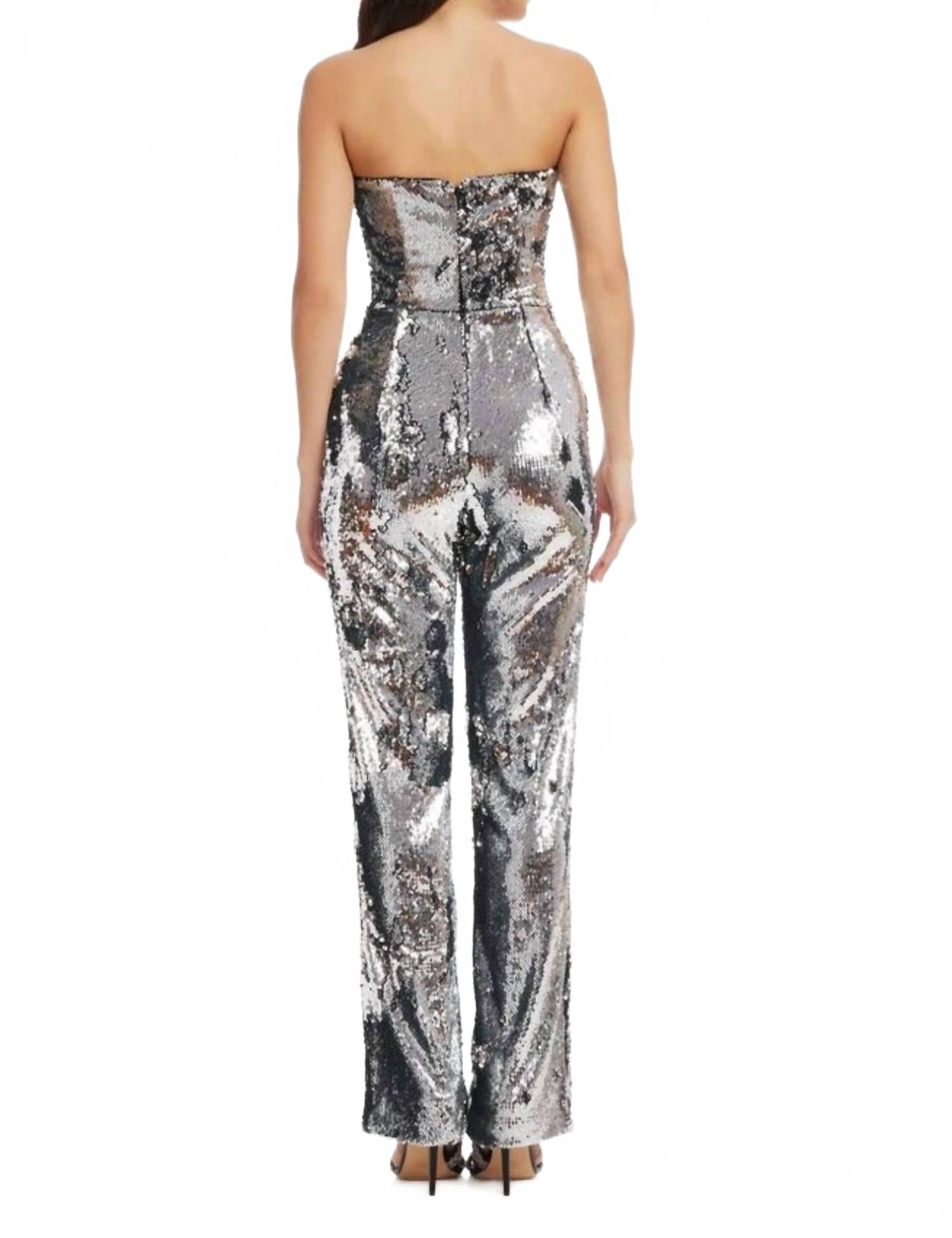 Andy Sequin Strapless Jumpsuit In Silver