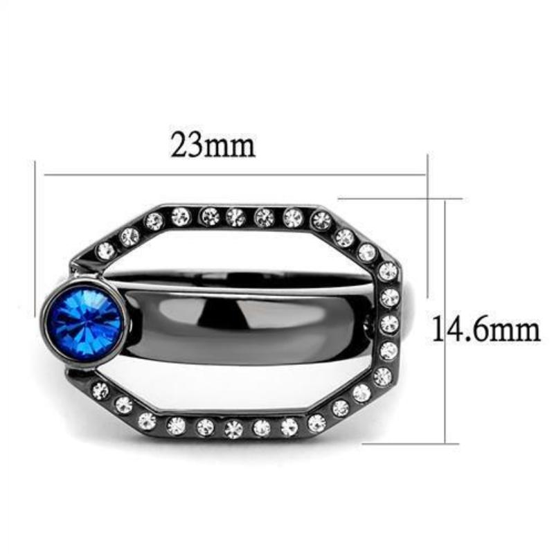 IP Light Black Stainless Steel Ring with Top Grade Crystal in Capri Blue