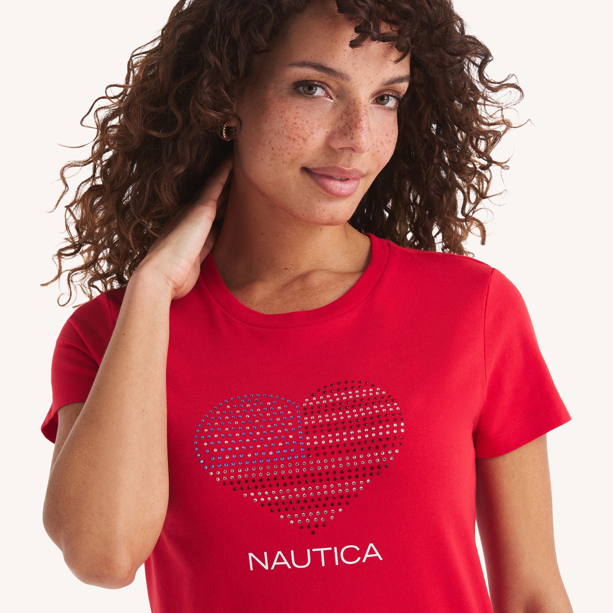Nautica Womens Rhinestone Flag Heart Graphic T-Shirt