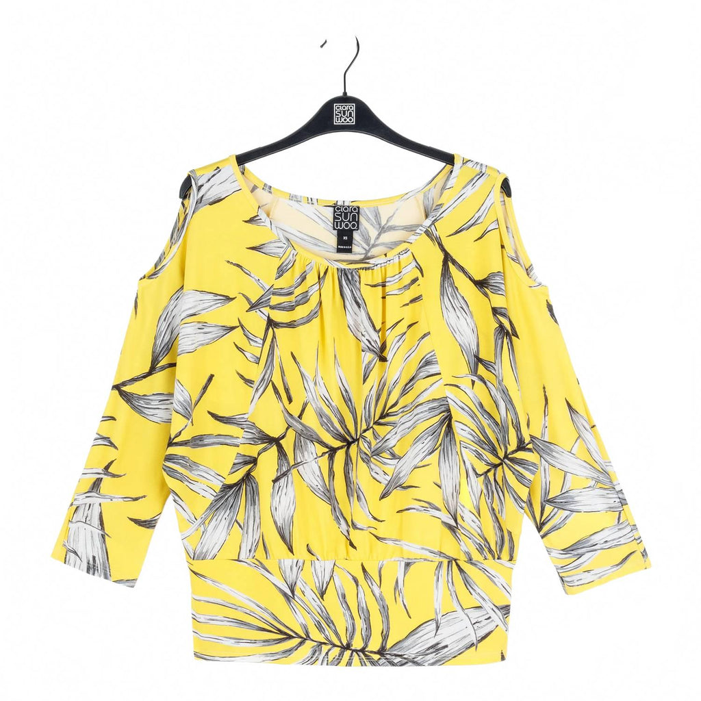 Open Shoulder Blouson Waist Top In Yellow Print