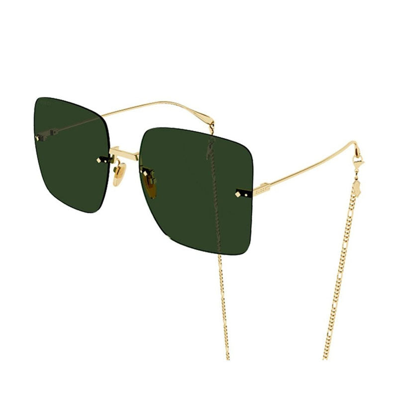Gucci Sunglasses Butterfly Full Rim, Gold Frame And Dark Green With Gold Chain Lens Gg1147S002