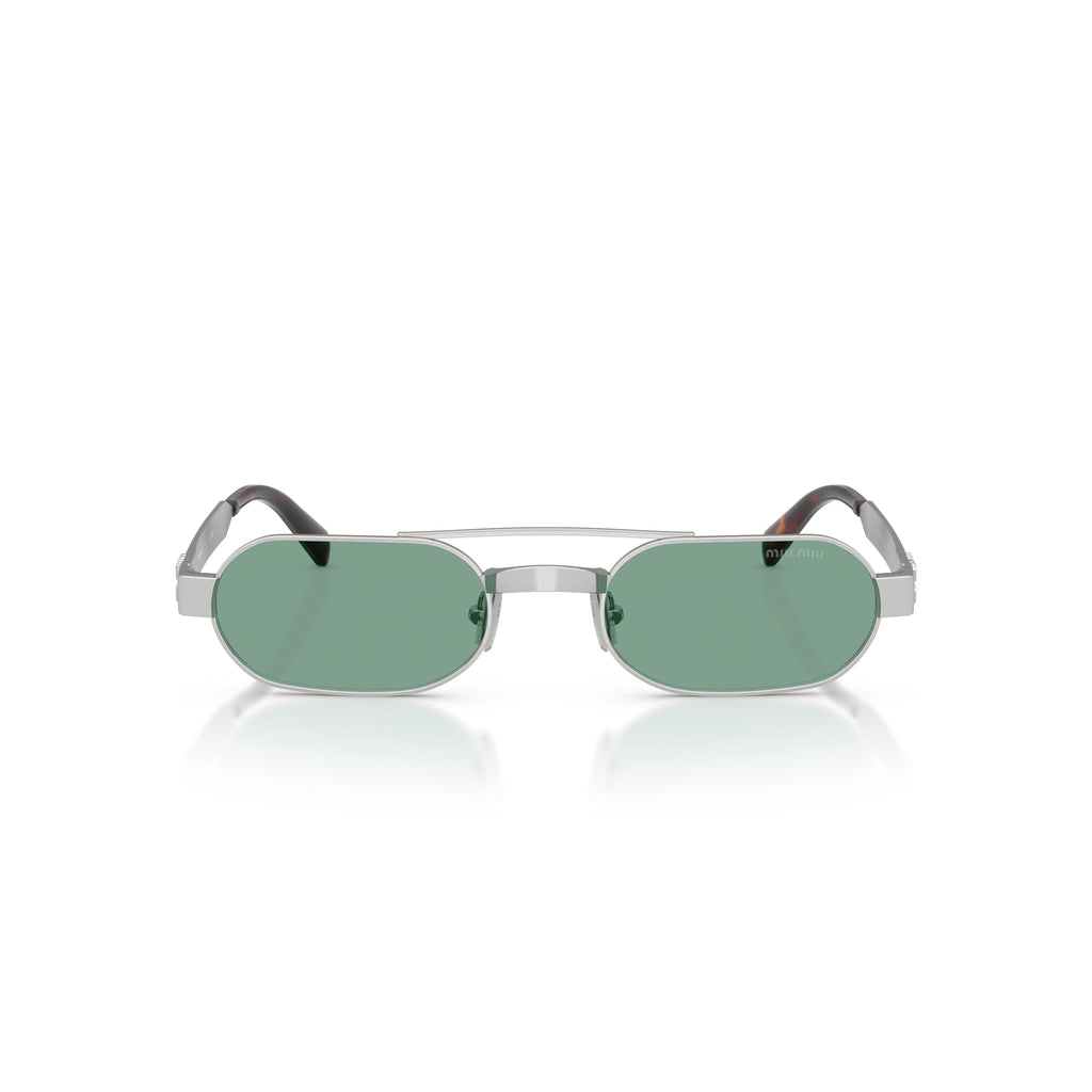 Rectangular Green Lens Sunglasses With Silver Metal Frame