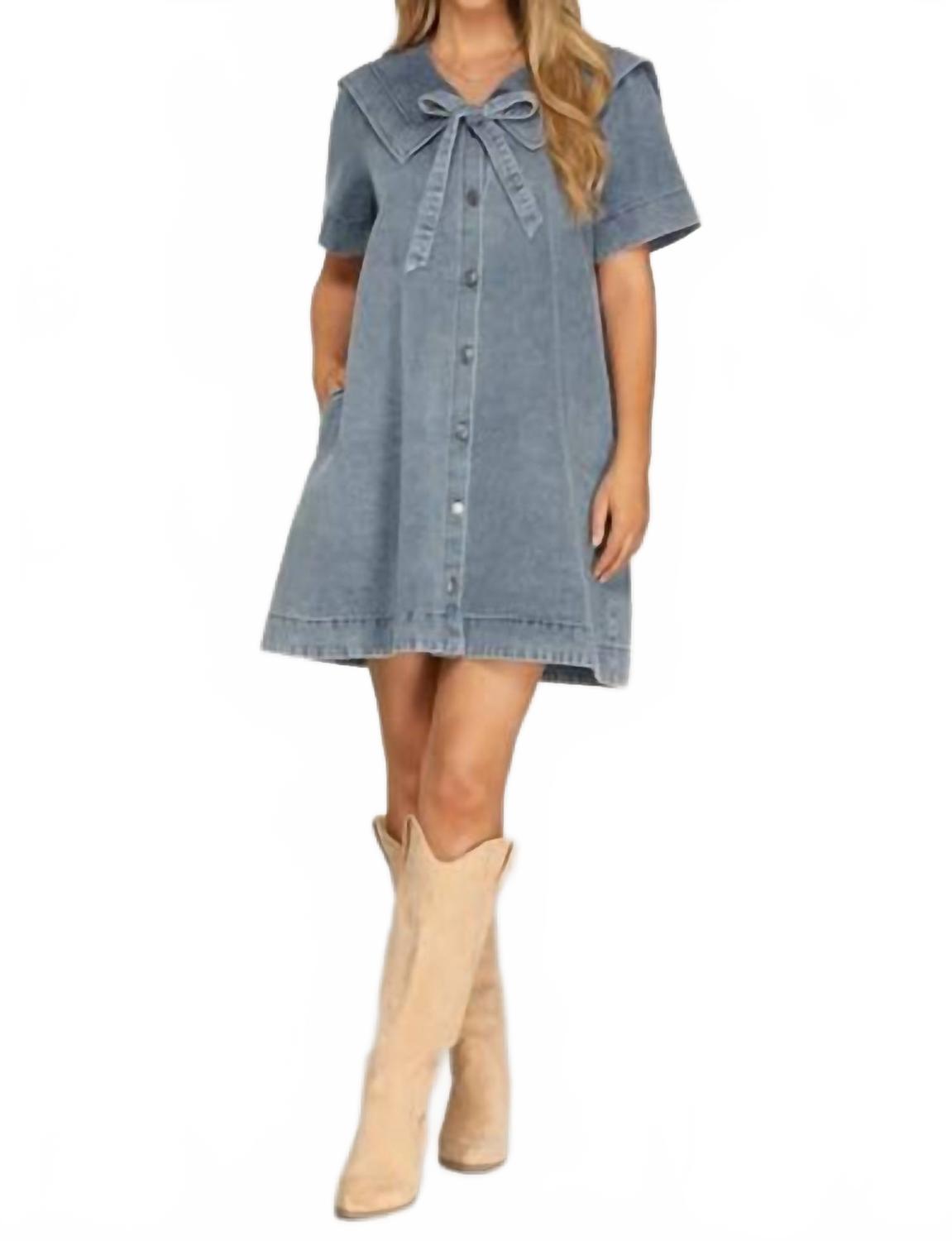 Front Bow Denim Mini Dress In Blue