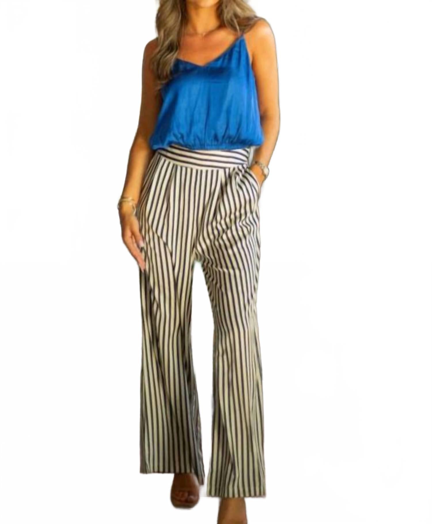 Striped Elastic Waist Straight Leg Pants In Black/ White