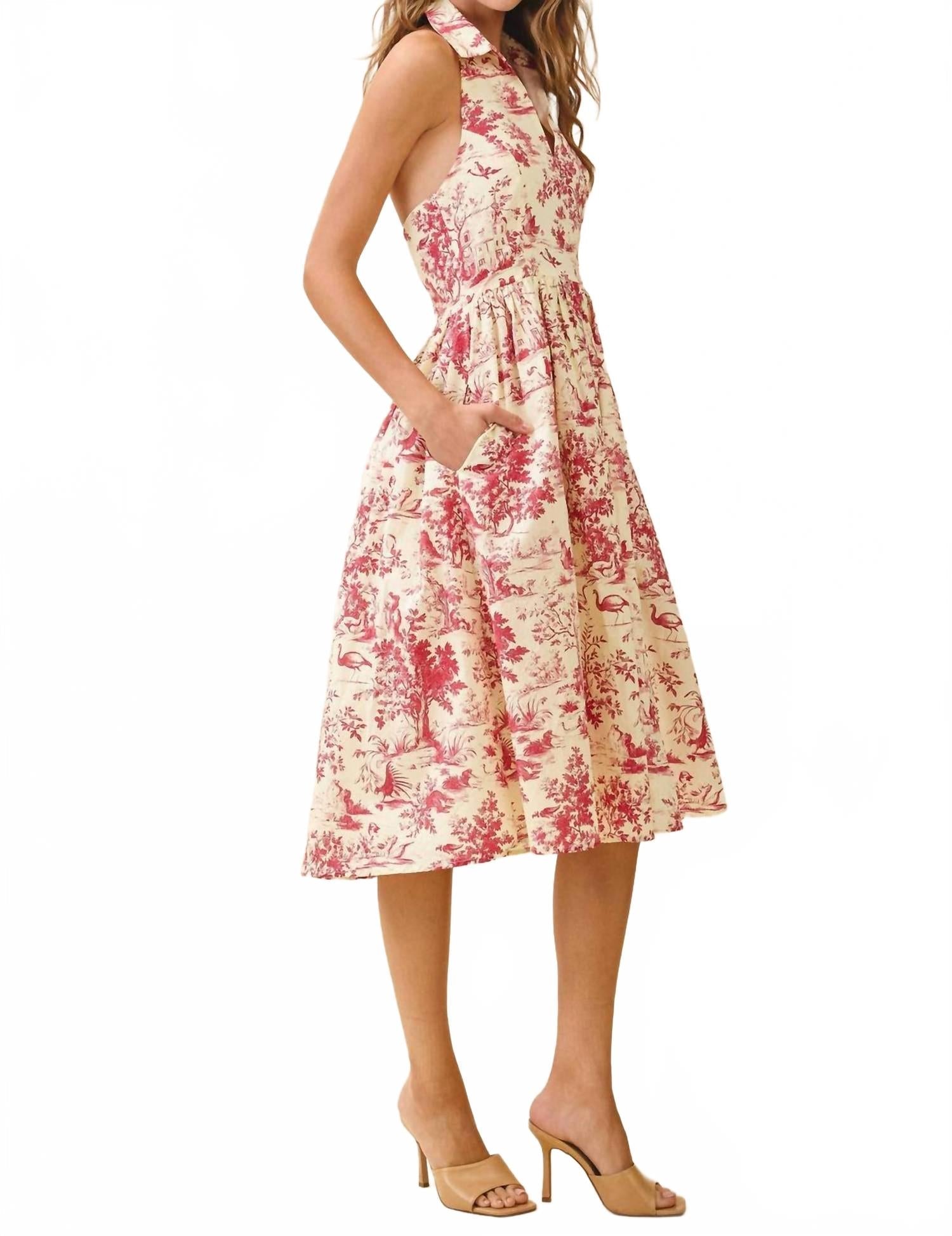 Abstract Print V-Neck Halter Midi Dress In Burgundy