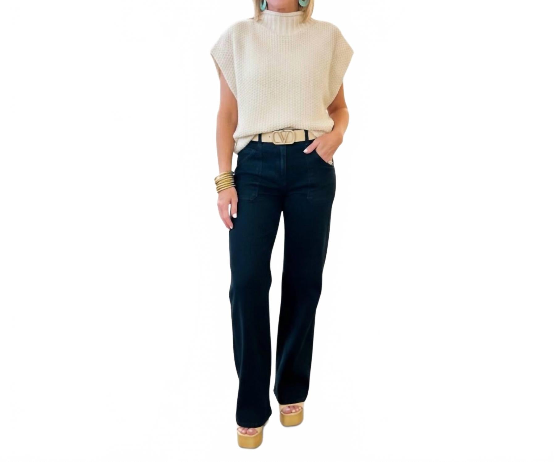 Patch Pocket Wide Leg Flare Jeans In Black