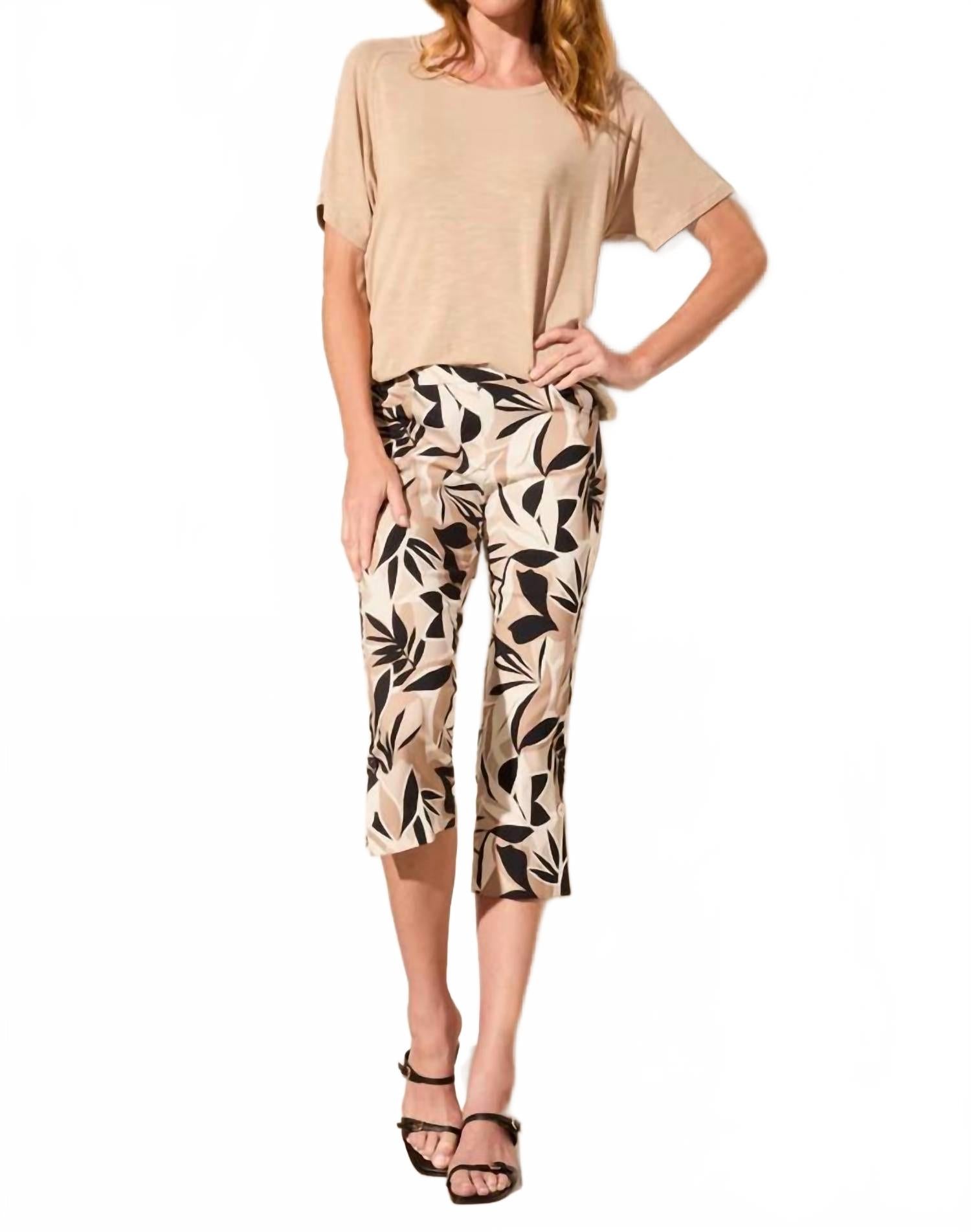Printed Bengaline Pull-On Elastic Waist Capri Pant In Multi