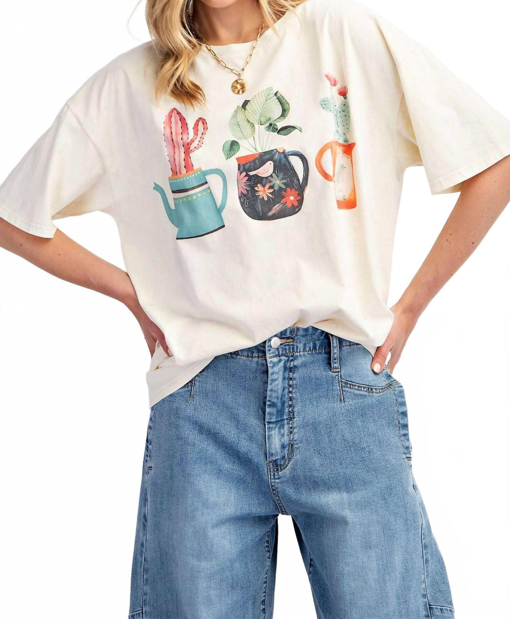 T-Shirt With Graphic Cactus Planted In Tea Pots In Ecru