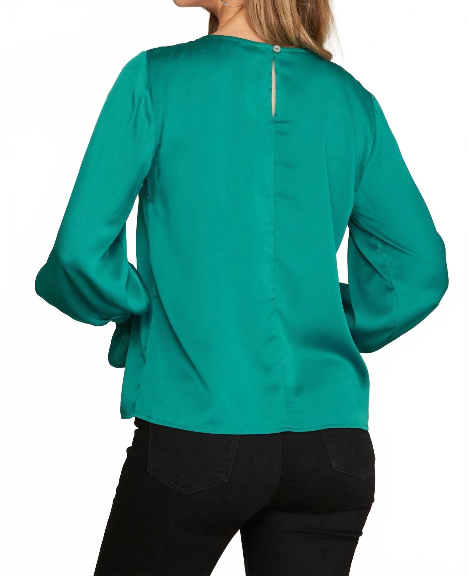 Smocked Long Bubble Sleeve Satin Top In Peacock