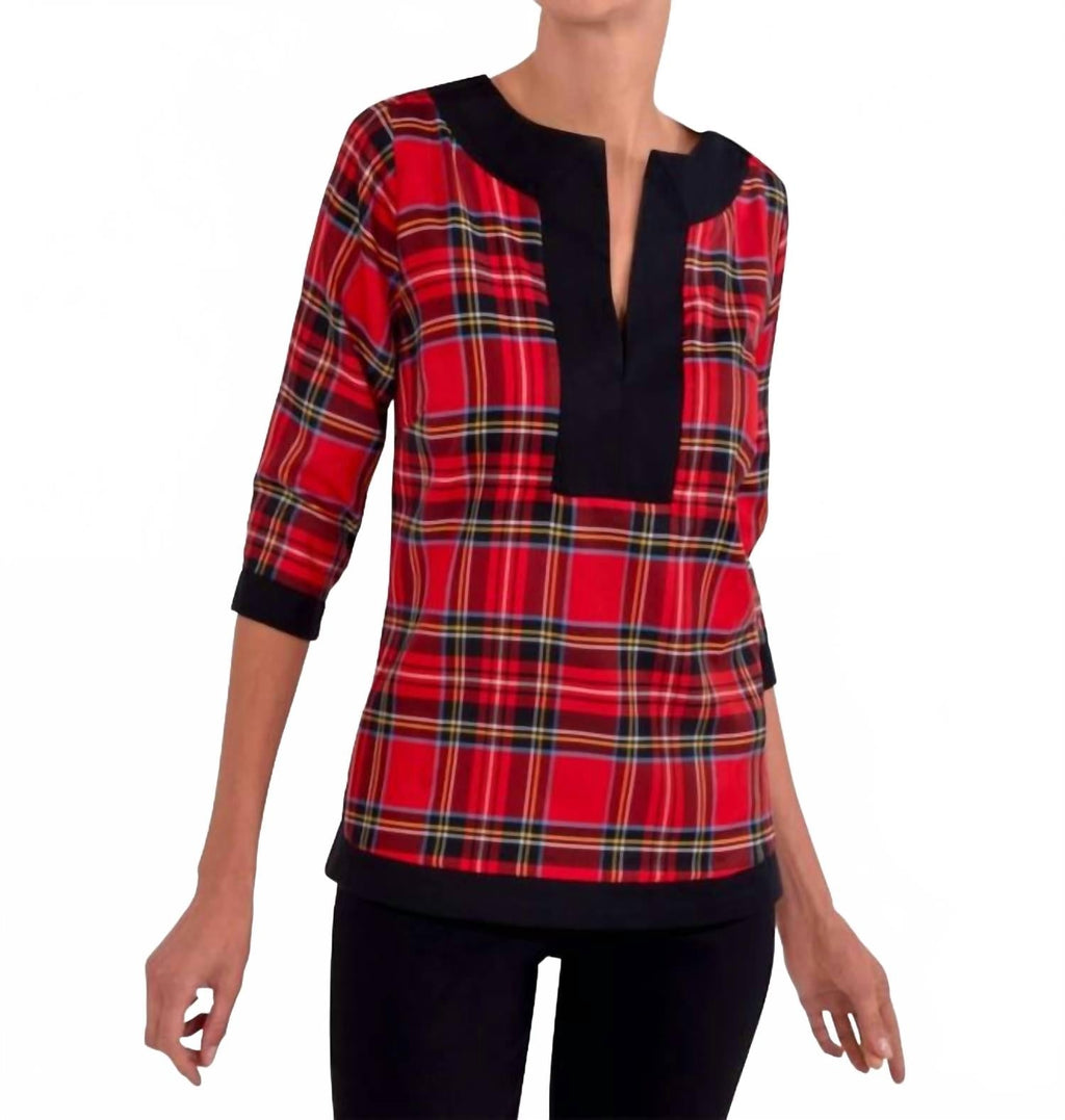 Split Neck Tunic Top In Red Multi
