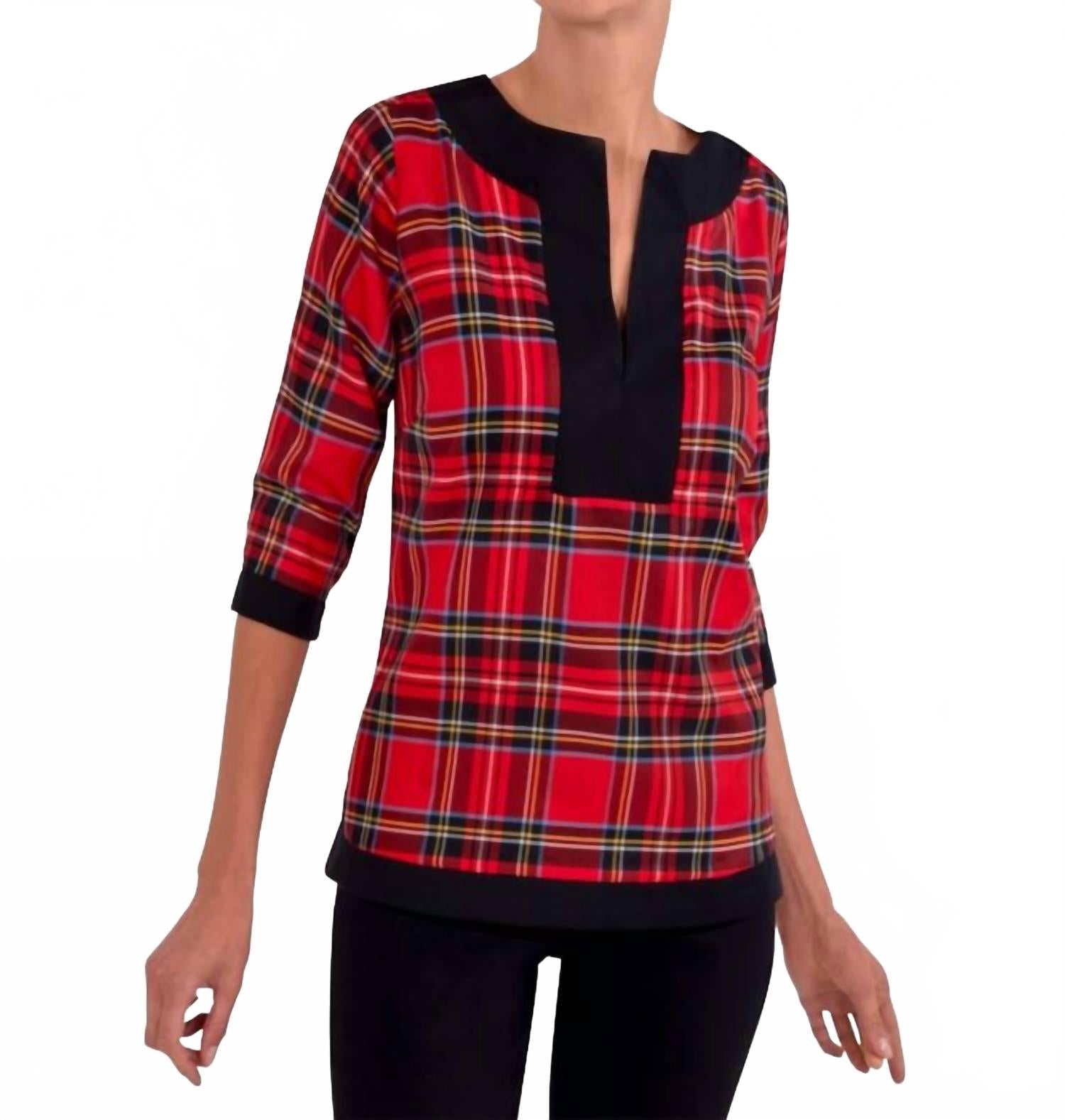 Split Neck Tunic Top In Red Multi