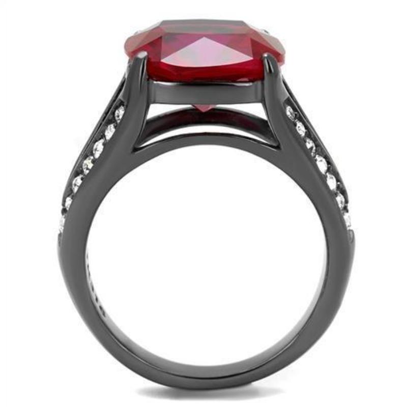 IP Light Black Stainless Steel Ring with Synthetic Corundum in Ruby