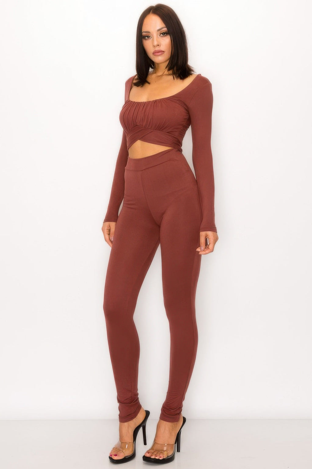 Front Shirring Back Tie Skinny Jumpsuit