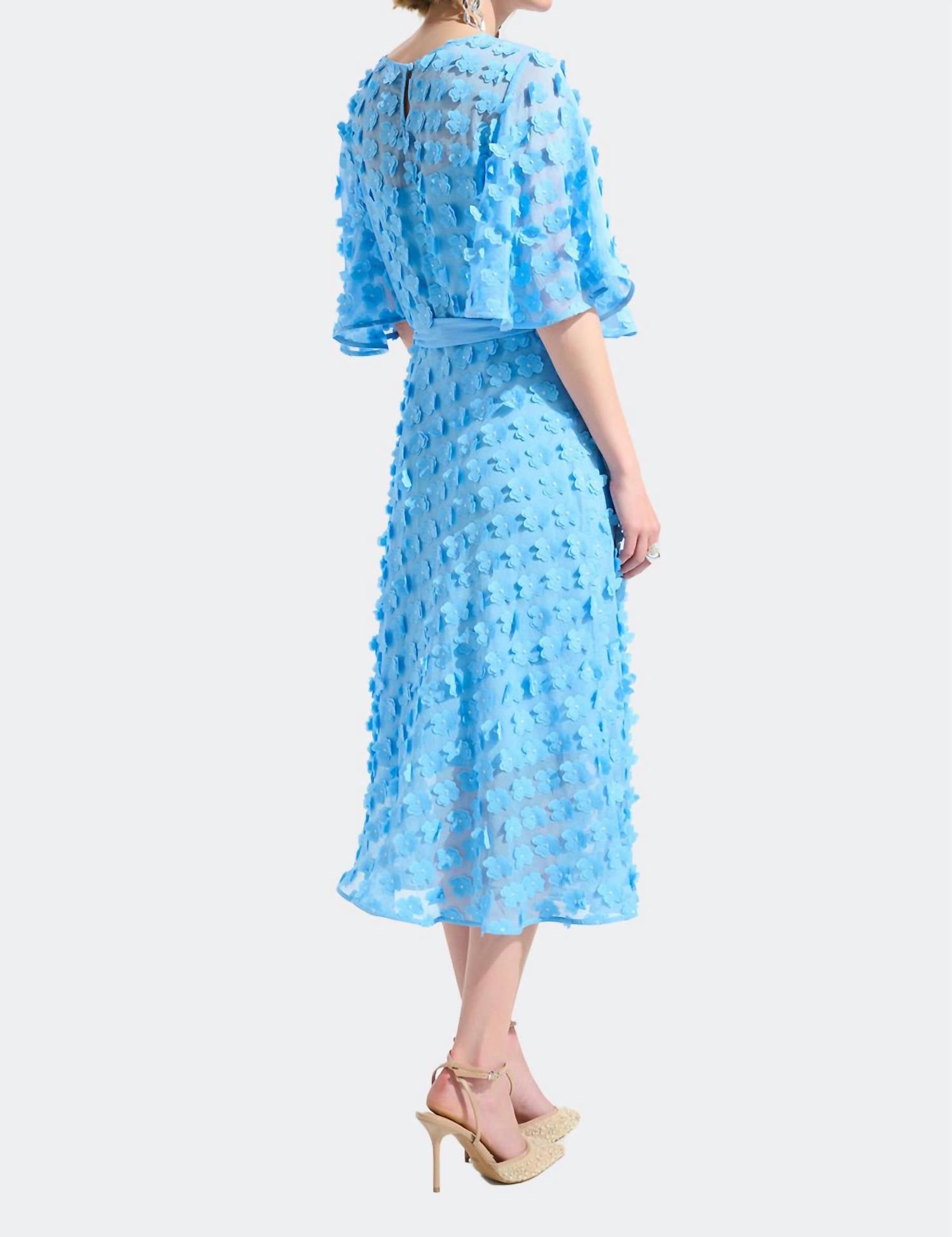 Signature 3D Chiffon Fit And Flare Dress With Sash In Sky Blue