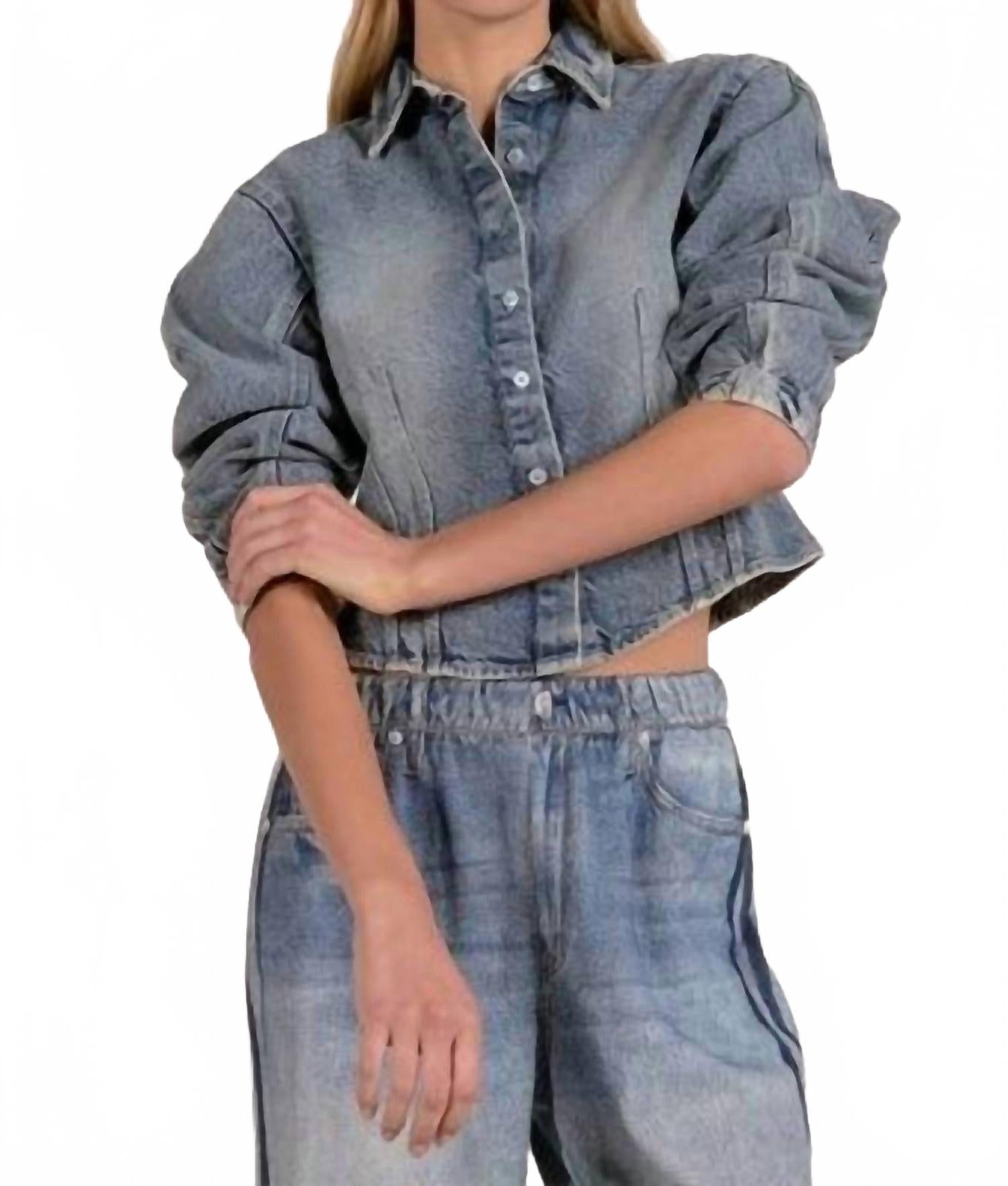 Barrel Sleeve Top In Denim Wash