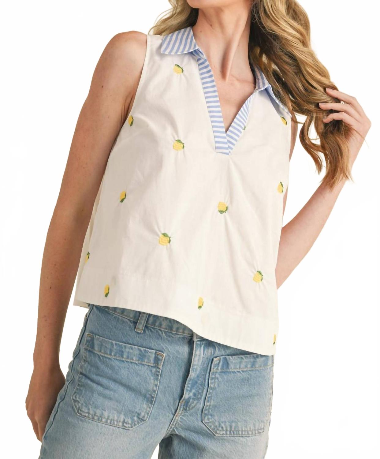 Fruit Pattern Collar Sleeveless Top In Lemon