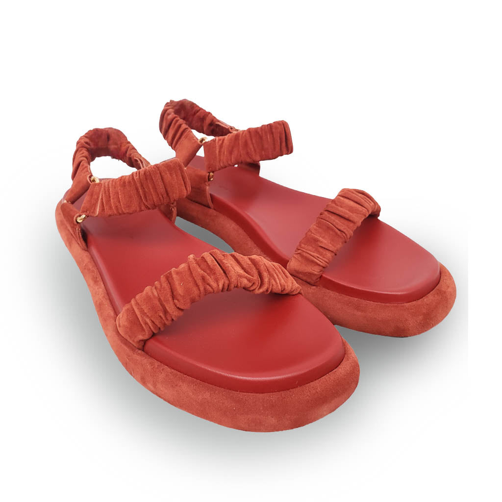 KHAITE RUST SUEDE RUCHED SANDALS - SIZE 38