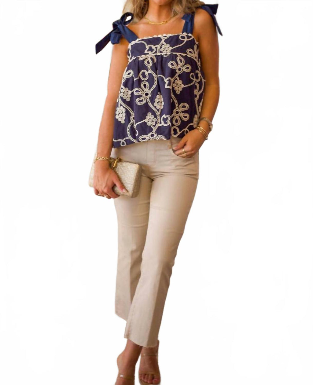 Tie Strap Embroidered Top In Navy/white