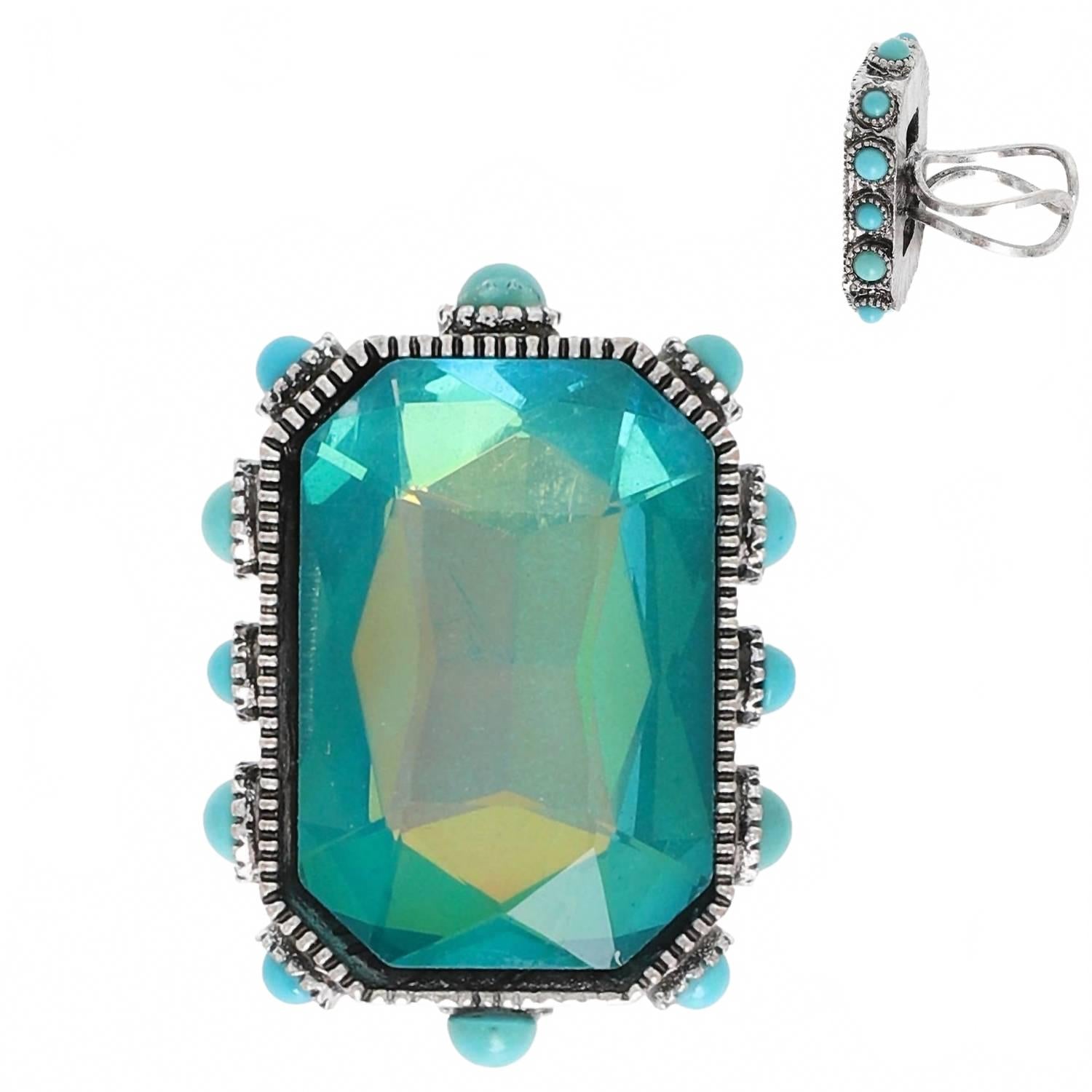 Women's Crystal Adjustable Ring In Turquoise Octagon