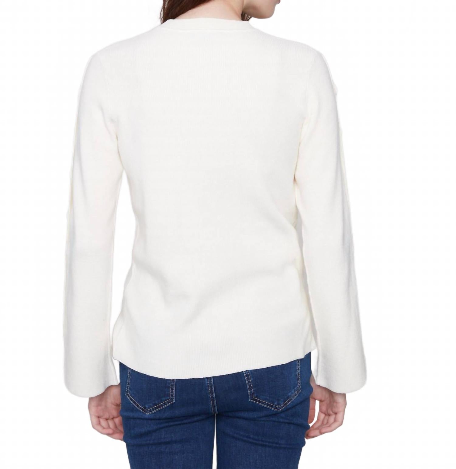 Decorative Sleeve Ribbed Crew Neck Sweater In Ecru