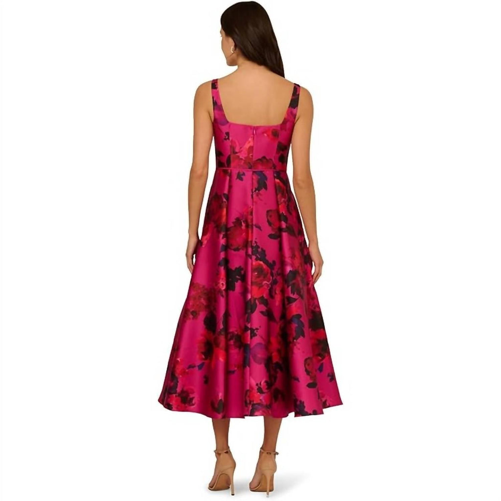 Rose Jacquard Thin Strap Square Neck Midi Dress In Pink