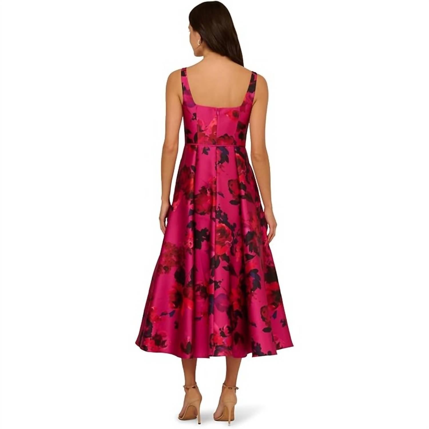 Rose Jacquard Thin Strap Square Neck Midi Dress In Pink