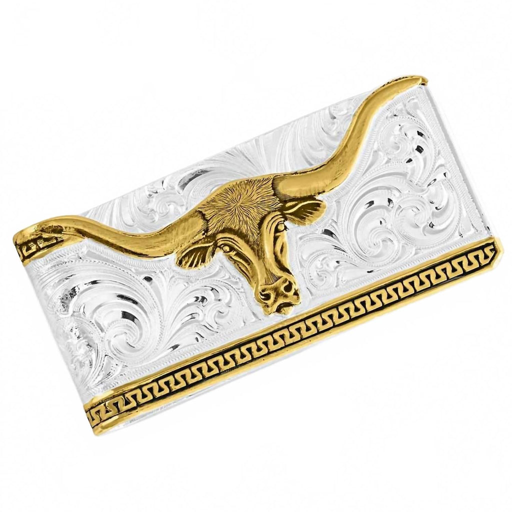 Two Tone Carved Longhorn Belt In Silver/gold