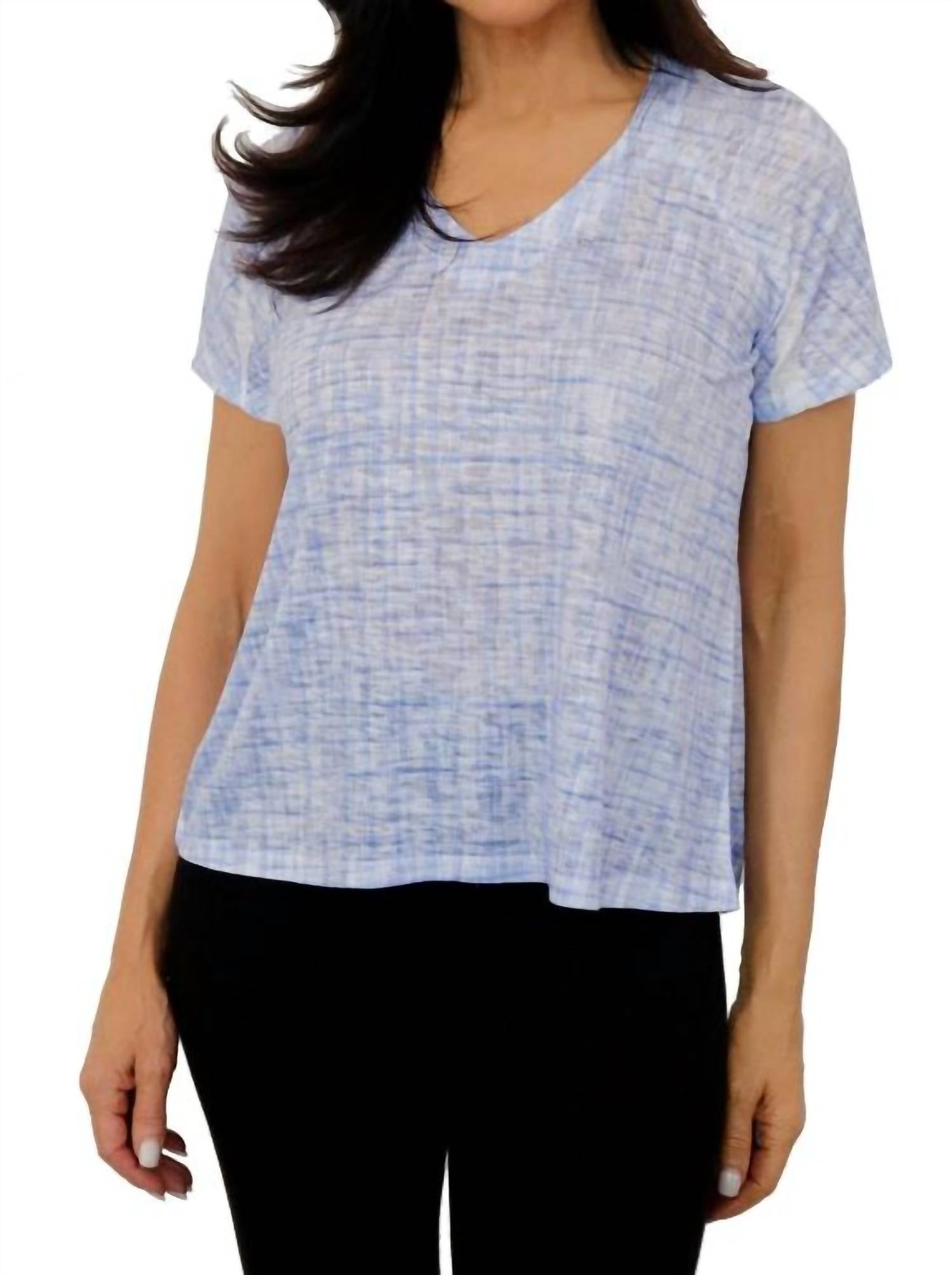 Weave Print V-Neck Short Sleeve Top In Blue
