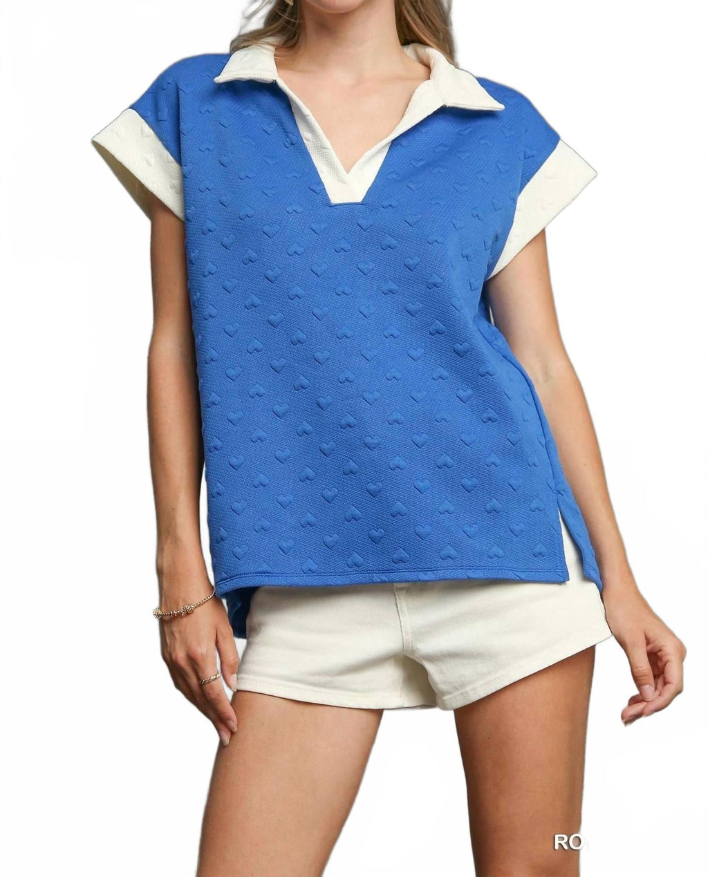 Heart Knit Jacquard Top With Contrast Trim In Blue