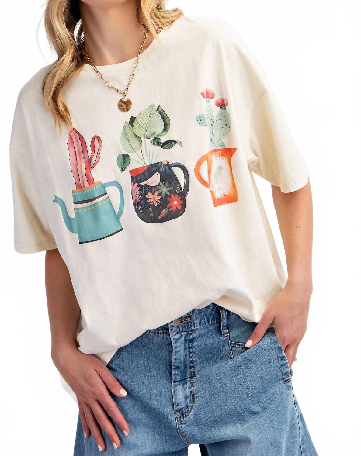T-Shirt With Graphic Cactus Planted In Tea Pots In Ecru