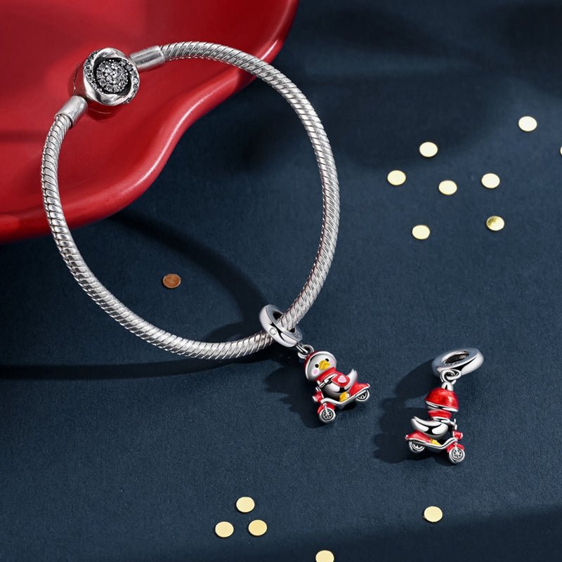 Duck on Scooter with Red Helmet Dangle Charm