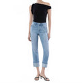 High Rise Cuff Crop Slim Straight Jeans In Light Wash