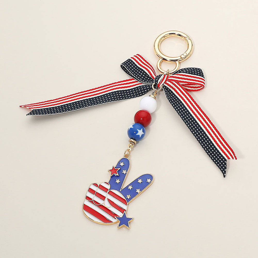 American USA Flag Bow Victory Hand Drop Keychain Bag Charm