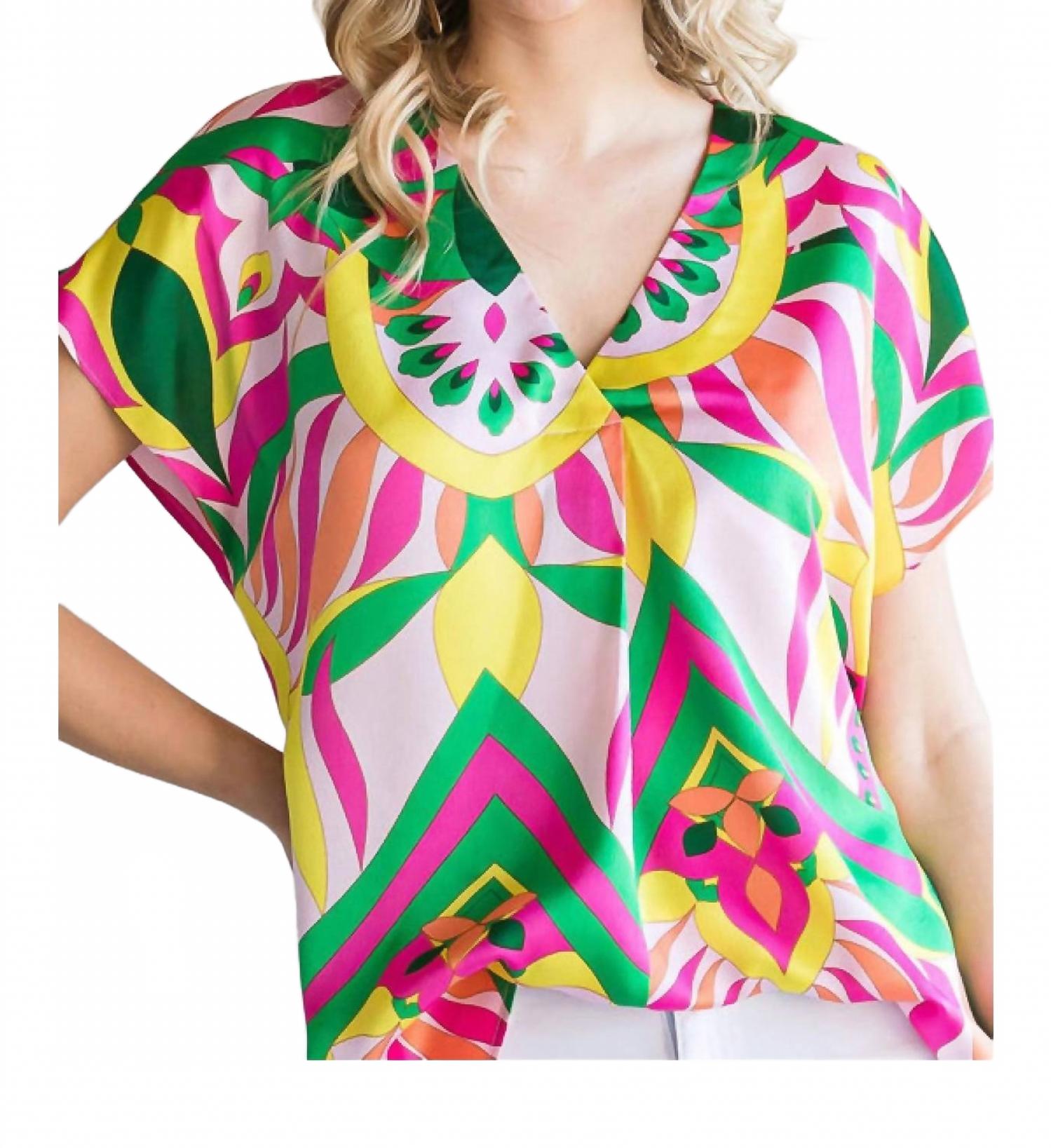 Mix Print Top With A V-Neckline & Short Curved Sleeves In Bright Pink