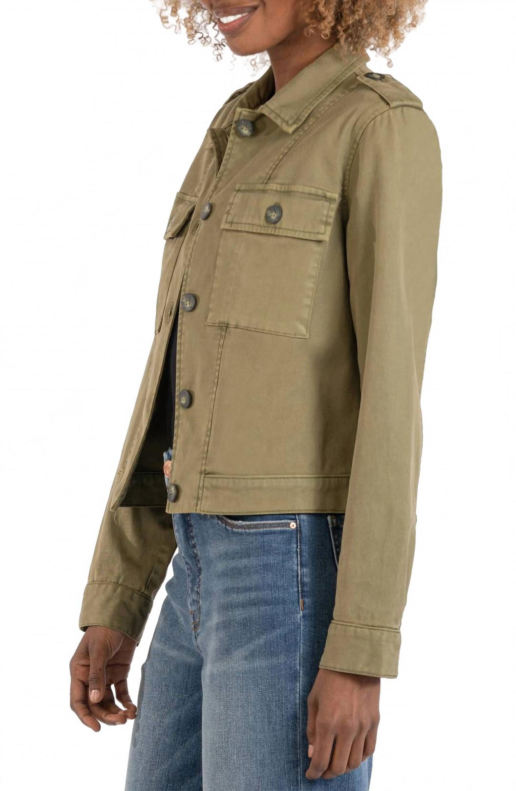 Rosalyn Twill Trucker Jacket With Flap Pockets In Olive