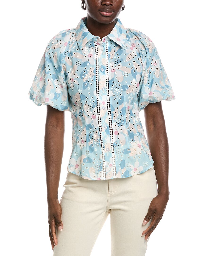 Gracia Floral Print Eyelet Puff Sleeve Button Down Shirt