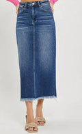 Women's High Rise Frayed Long Skort In Dark Denim