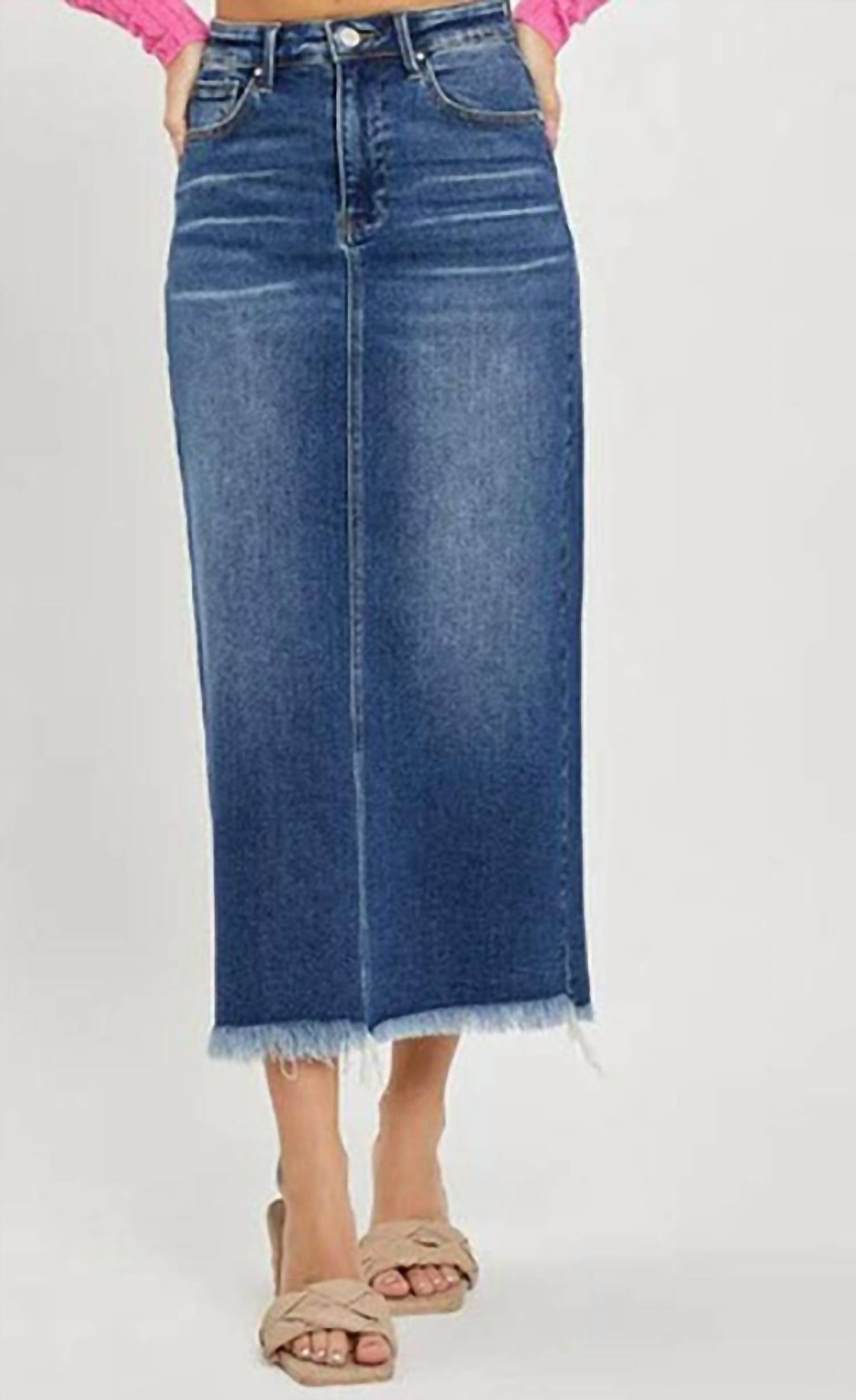Women's High Rise Frayed Long Skort In Dark Denim