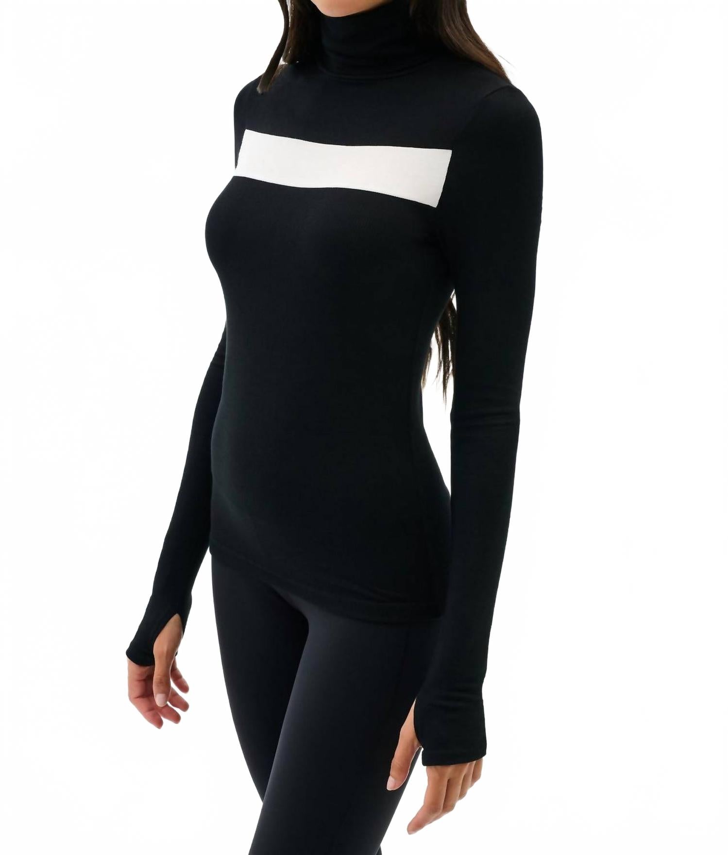 Lennon Rib Turtleneck Top In Black/white