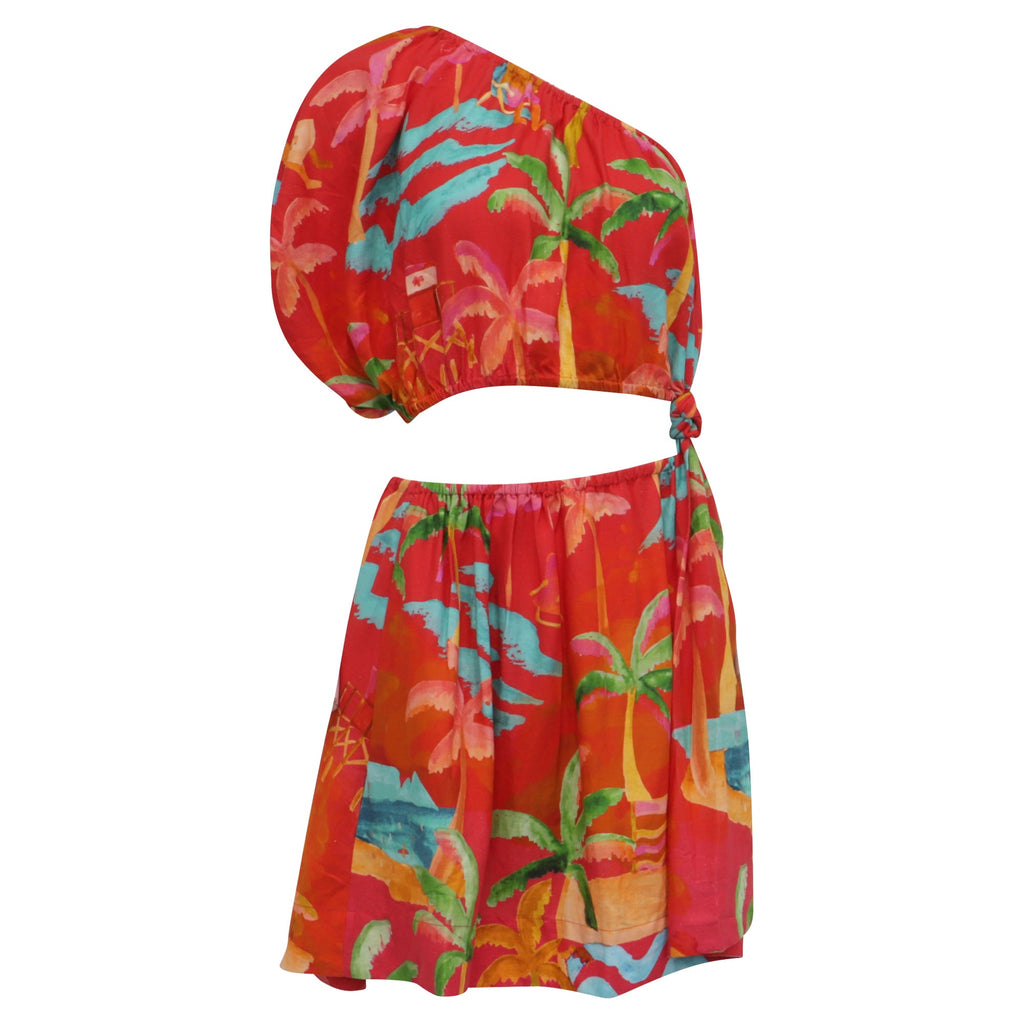 Farm Rio Ipanema One Shoulder Mini Dress in Red Linen
