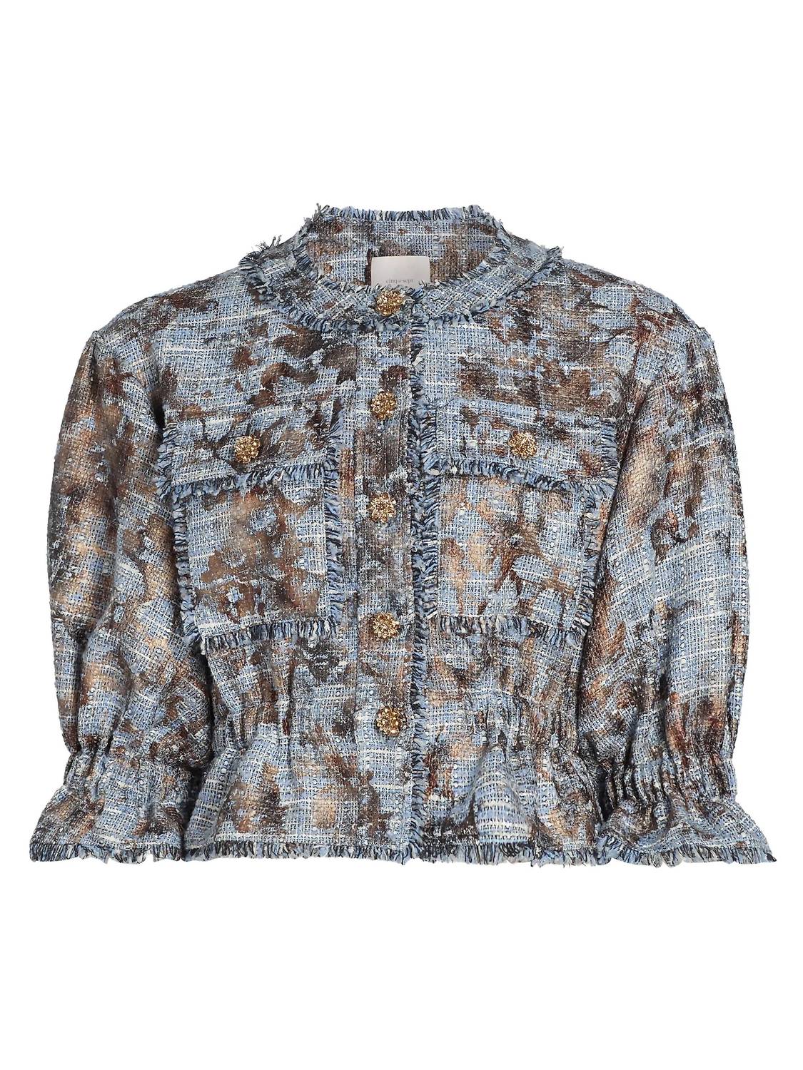 Jaxie Foil Print Tweed Crop Jacket In Silver Multi