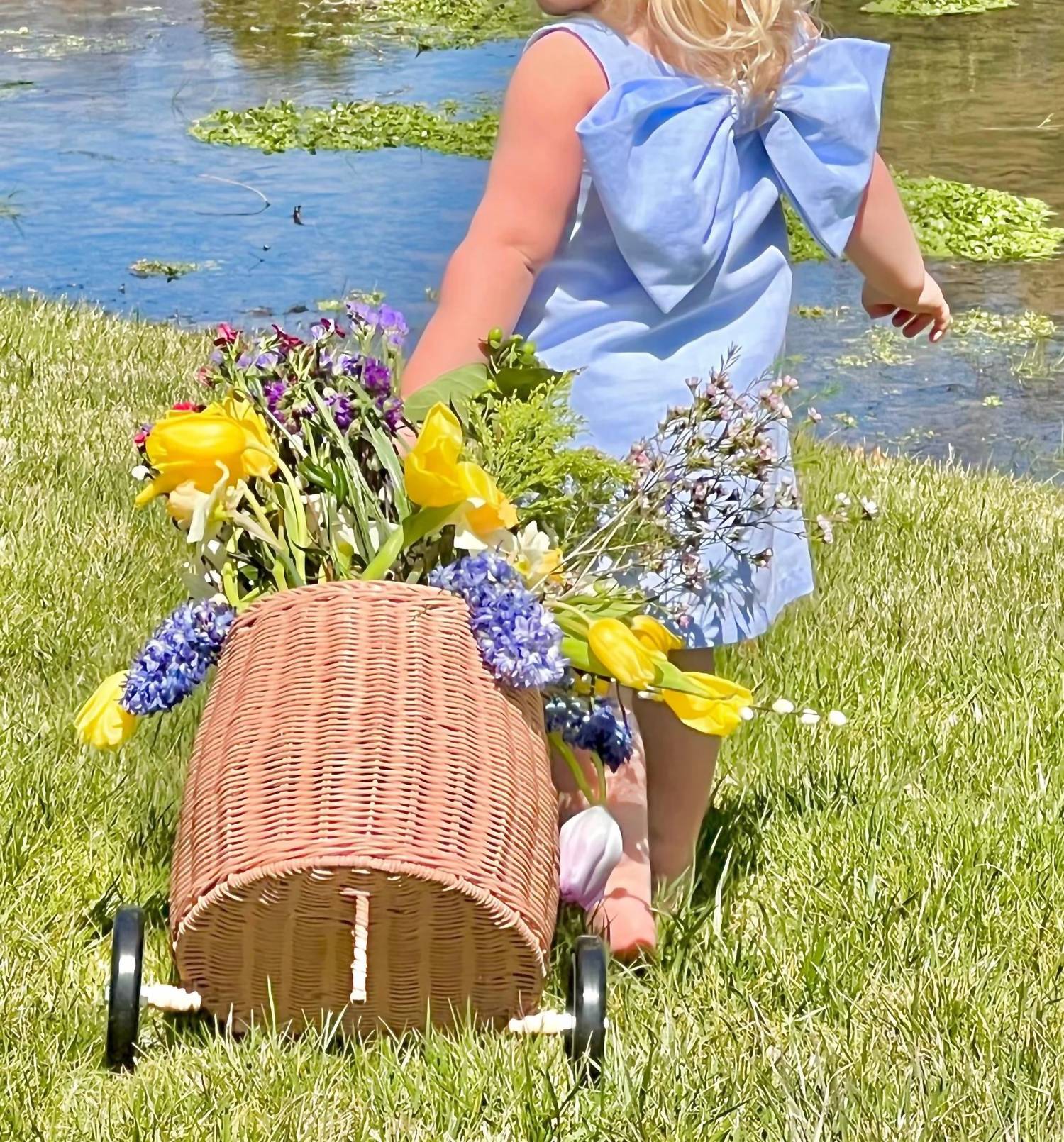 Girls Lolli Bow Back Dress In Bluffton Blue Linen