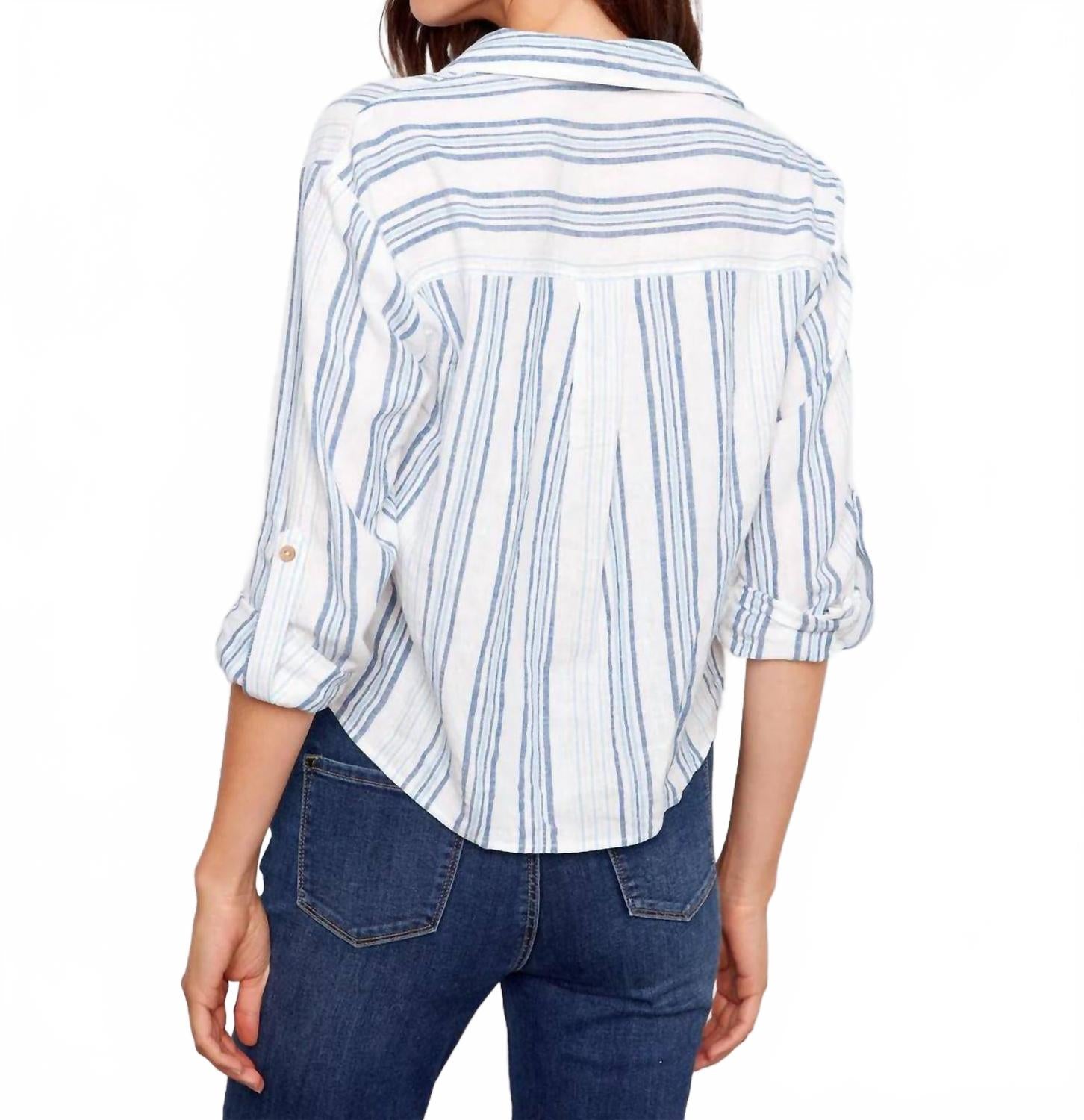 Striped Linen Blend Shirt With Front Twist In Denim
