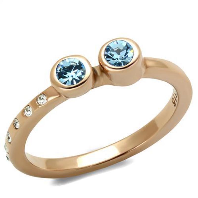 IP Rose Gold(Ion Plating) Stainless Steel Ring with Top Grade Crystal in Sea Blue