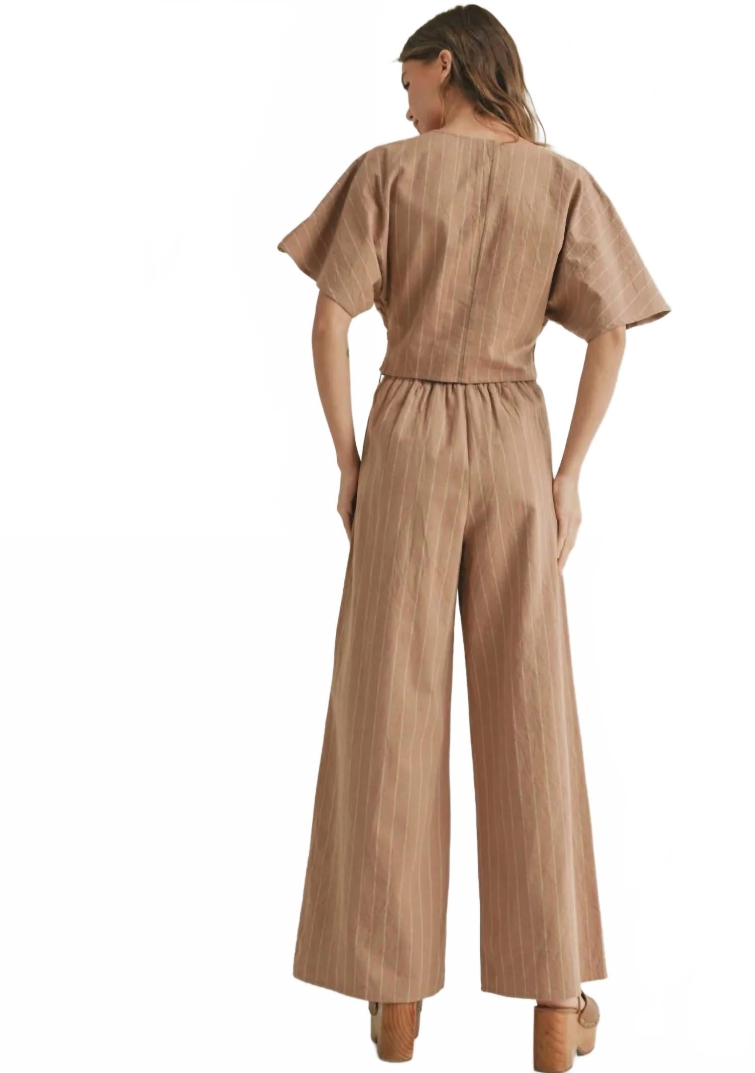 Stripe Pattern Pants With Elastic Waist In Straw/white