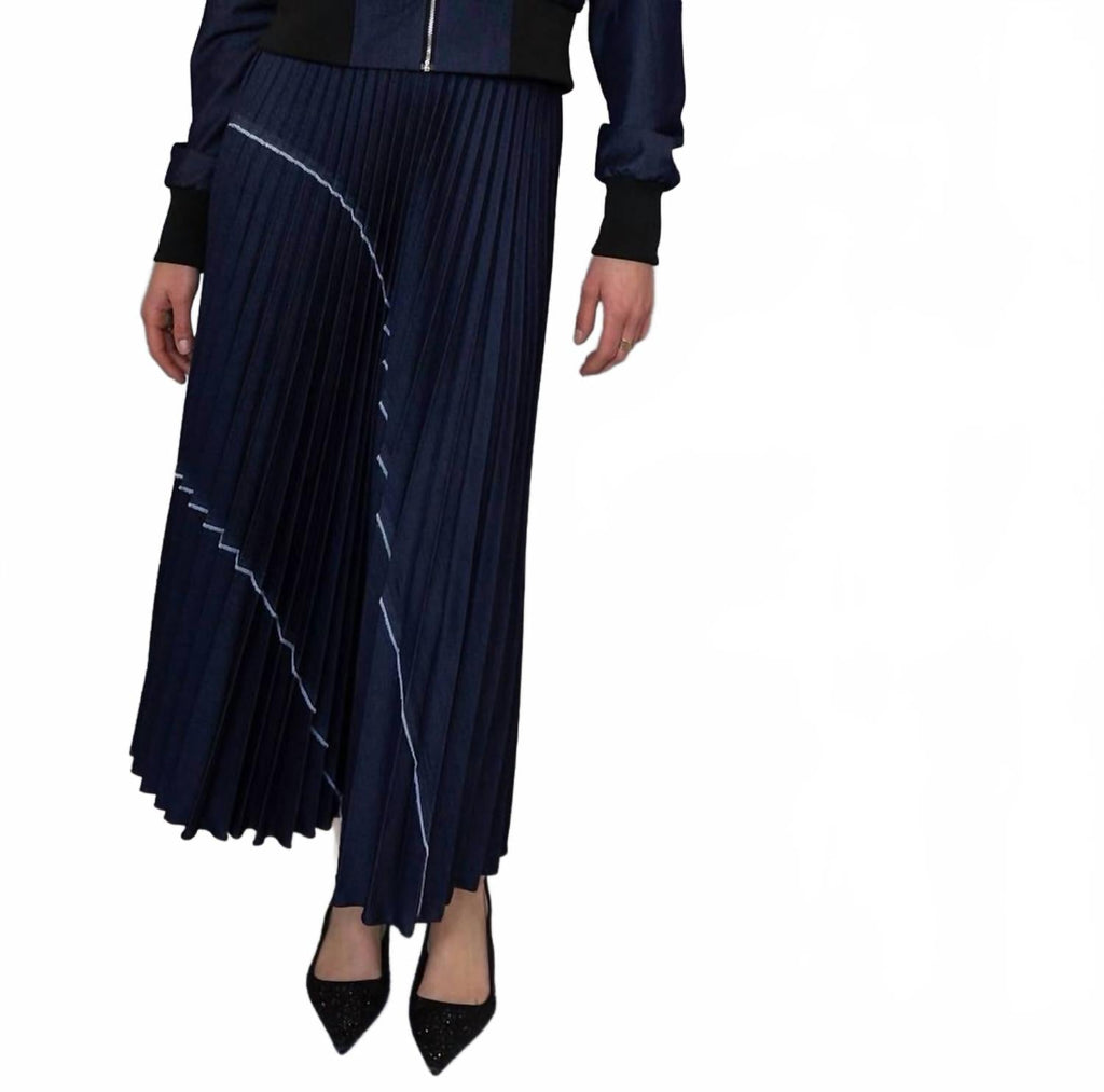 Denim Patchwork Pleat Skirt In Indigo