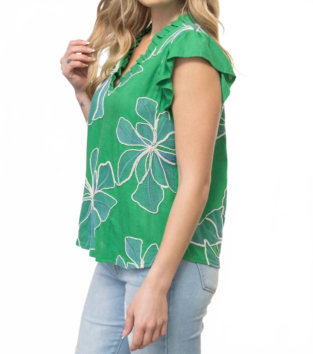 Applique Floral Ruffle Top In Green