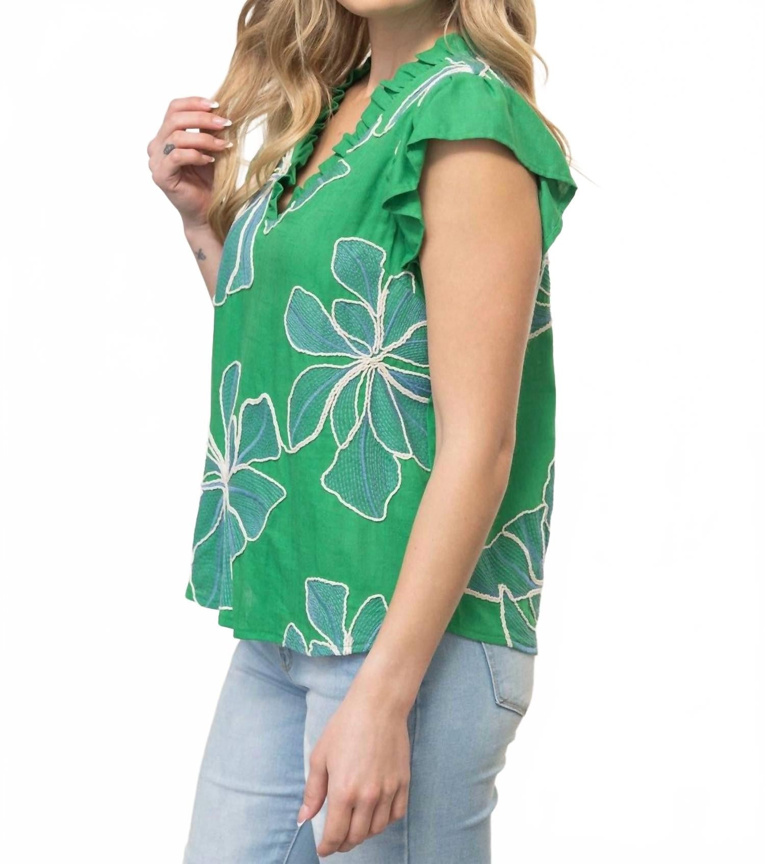 Applique Floral Ruffle Top In Green