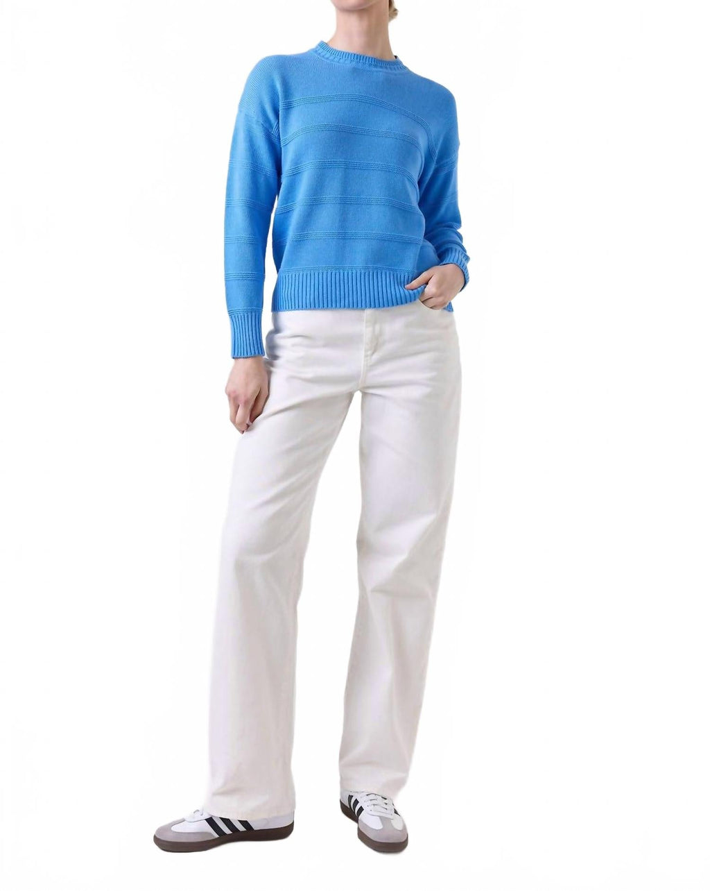 Tilly Textured Stripe Crew Top In Tranquil Blue