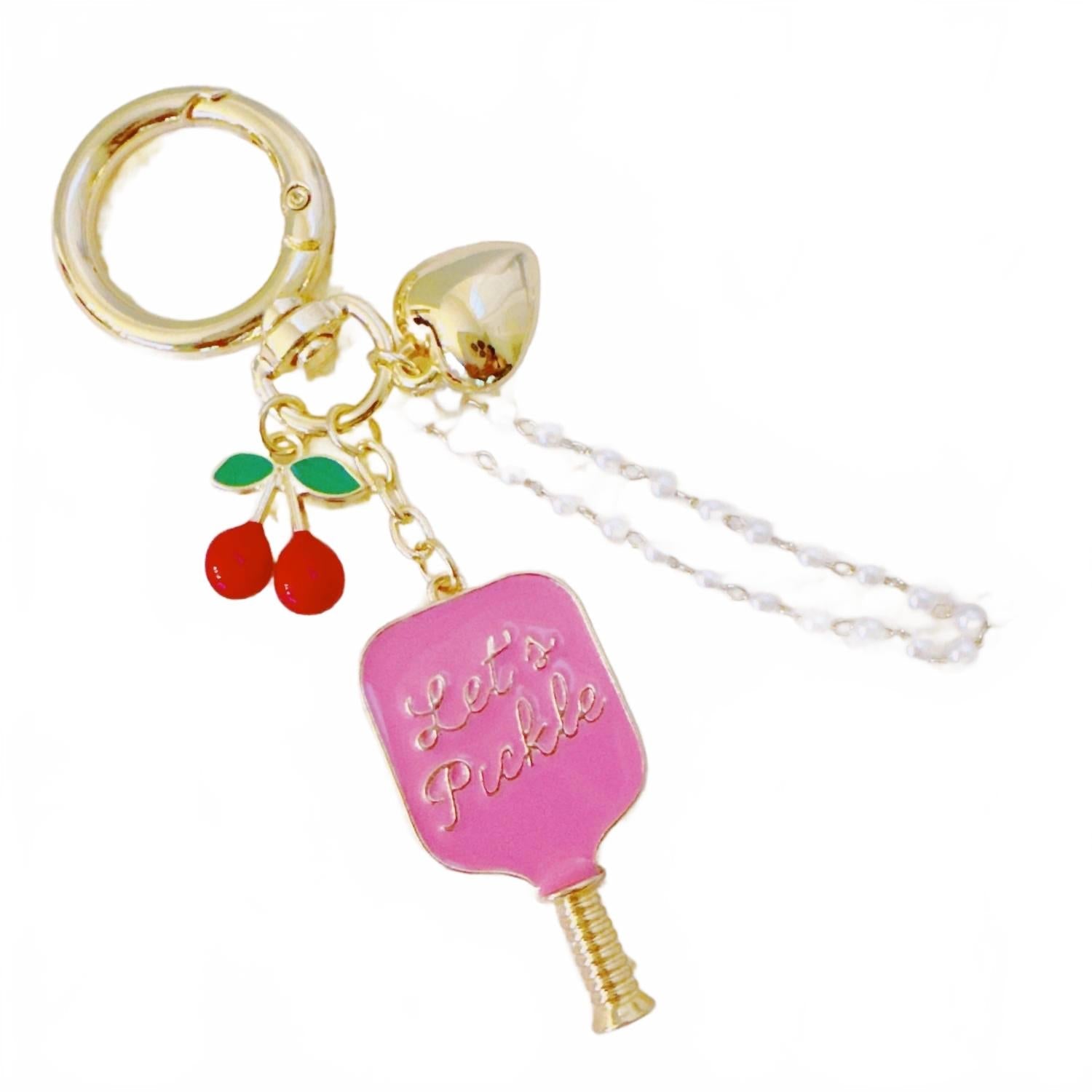 Women's Pickleball Cherry Bag Charm And Keychain In Gold Pink